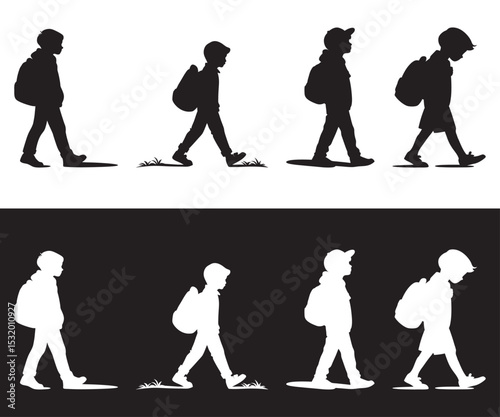 Walking School Kids Silhouette Set – Vector Children with Backpacks