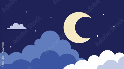 Minimalist night sky illustration featuring crescent moon clouds and shining stars