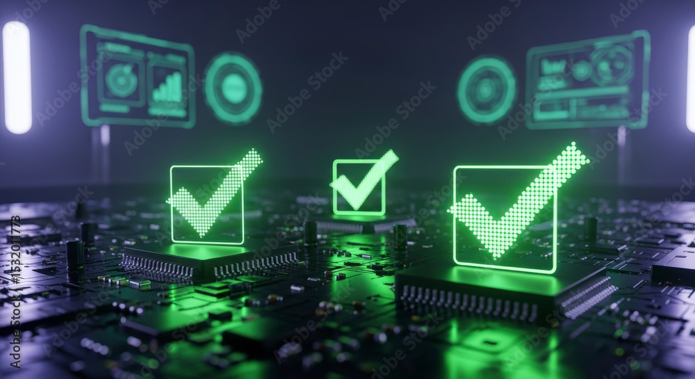 Fototapeta premium Glowing Green Check Marks On Electronic Circuit Board Displaying Data Analysis And System Verification