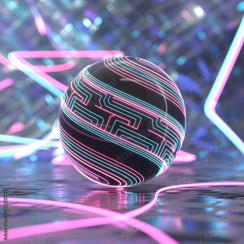 Glowing neon sphere wrapped in vibrant light trails, floating in a sci-fi environment with mirrored surfaces.