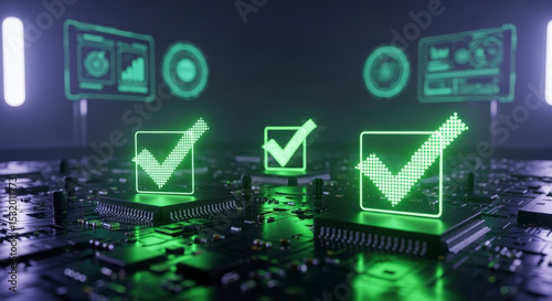 Glowing Green Check Marks On Electronic Circuit Board Displaying Data Analysis And System Verification