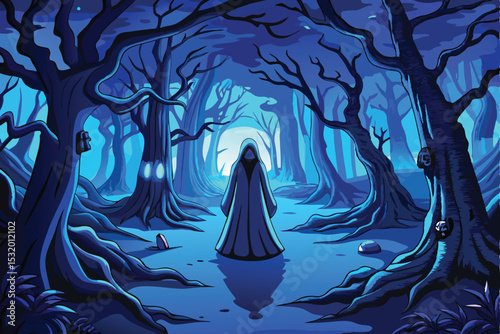 Dark Forest Gothic Scene – Mysterious Figure in Blue Light with Red Mist