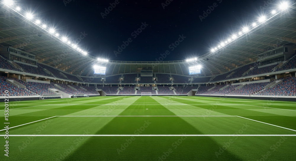 Fototapeta premium Empty Stadium At Night With Green Field And Bright Lights For Sports Competition And Event