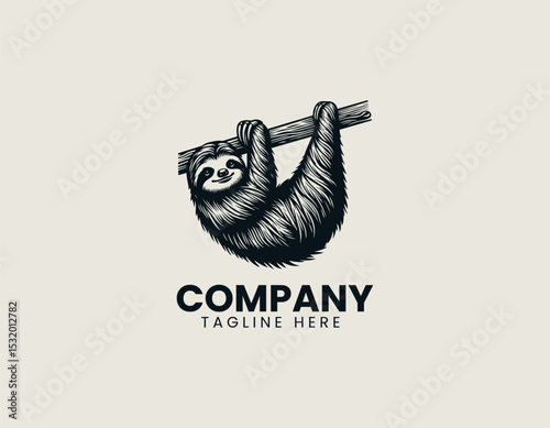 Relaxed Sloth Hanging Lazily Tree Branch Peaceful Nature Vector Logo Design