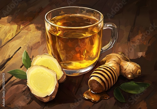 Ginger tea with honey and fresh ginger root placed on wooden surfaces, offering a comforting experience