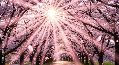 Enchanting Cherry Blossom Pathway Bursting with Radiant Light in a Spring Landscape