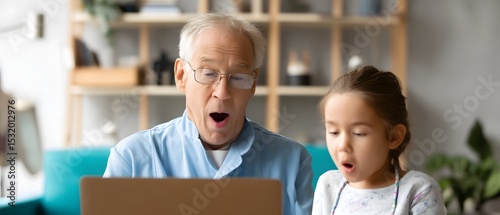 Delighted grandparent reacting to grandchild s digital drawing in a cozy modern interior