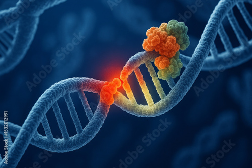DNA repair process visualized at the molecular level, showing enzyme interaction with a damaged DNA strand highlighted by a red-glowing break in the double helix.