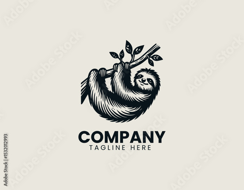Relaxed Sloth Hanging Lazily Tree Branch Peaceful Nature Vector Logo Design
