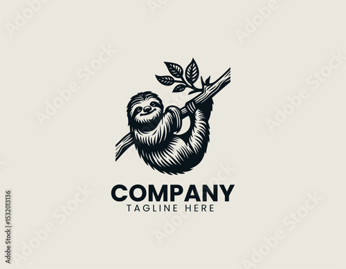 Relaxed Sloth Hanging Lazily Tree Branch Peaceful Nature Vector Logo Design