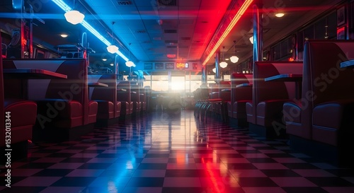 Vibrant Retro Diner Interior with Neon Lights and Checkerboard Floor