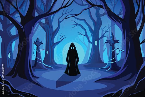 Dark Forest Gothic Scene – Mysterious Figure in Blue Light with Red Mist