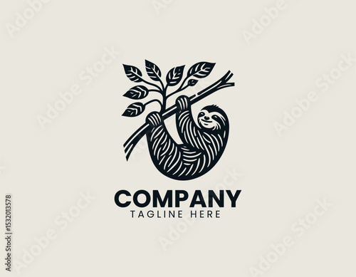 Relaxed Sloth Hanging Lazily Tree Branch Peaceful Nature Vector Logo Design