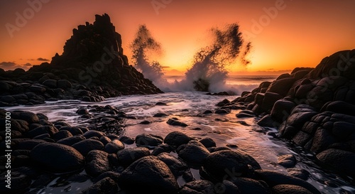Stunning Sunset Waves Crashing Against Rocky Shoreline at Twilight