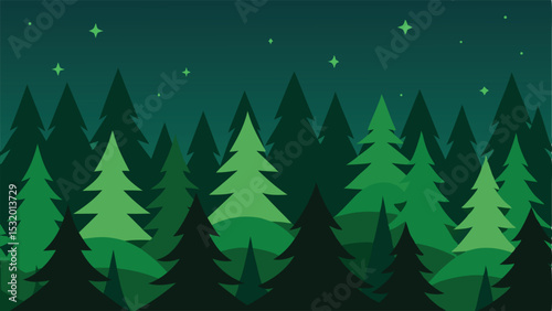 Nighttime forest scene with trees and stars graphic illustration on transparent background