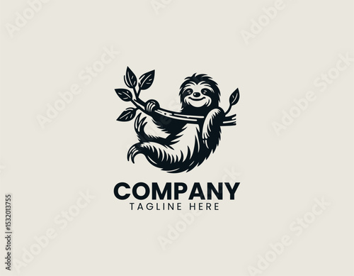 Relaxed Sloth Hanging Lazily Tree Branch Peaceful Nature Vector Logo Design