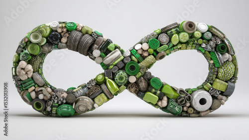 Green infinity symbol made from reusable products like bottle, tire, fabric and metal, concept of endless reuse