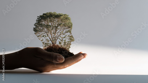 Hands nurturing a small tree growing from head silhouette, concept of self-care and mental wellness
