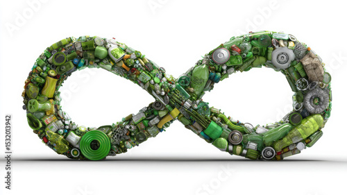 Green infinity symbol made from reusable products like bottle, tire, fabric and metal, concept of endless reuse