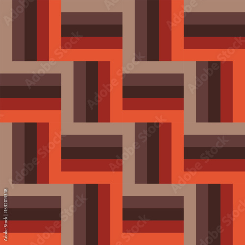 Modern abstract geometric seamless pattern with intersecting stripes and rectangular shapes. The design is made in a warm palette of brown, red and terracotta shades. Ideal for textiles, wallpaper, pa