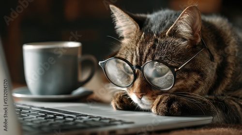 Close-up of tabby cat with eyeglasses using laptop, coffee cup beside on modern workspace, quirky office setting, concept of cat doing remote marketing work