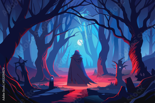Dark Forest Gothic Scene – Mysterious Figure in Blue Light with Red Mist