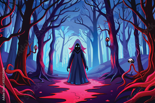 Dark Forest Gothic Scene – Mysterious Figure in Blue Light with Red Mist
