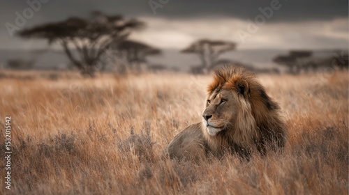 Lion resting peacefully in vast African savannah, surrounded by dry grass and distant acacia trees, powerful visual for protecting endangered species and habitats