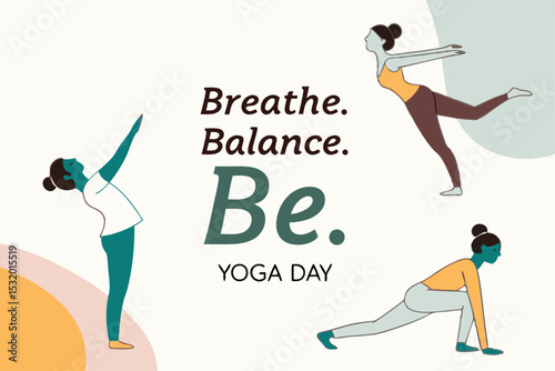 Yoga poses forming a circular pattern, with ‘Breathe. Balance. Be.’ and ‘Yoga Day’ text in center.