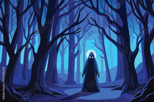 Moonlit fantasy night in the dark forest, a woman in a red hooded cloak approaches a fairy tale castle