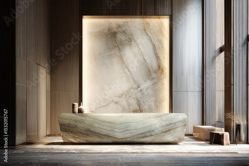 Luxurious lobby with a large, organically shaped reception desk crafted from veined marble, backlit wall paneling, and wooden accents