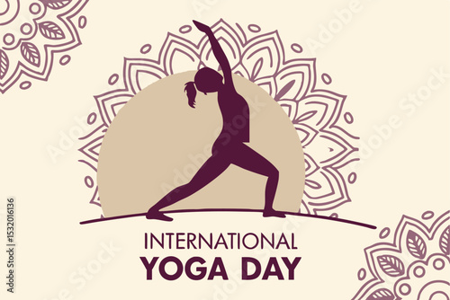 Lotus pose silhouette inside a mandala circle with ‘International Yoga Day’ below in clean script.