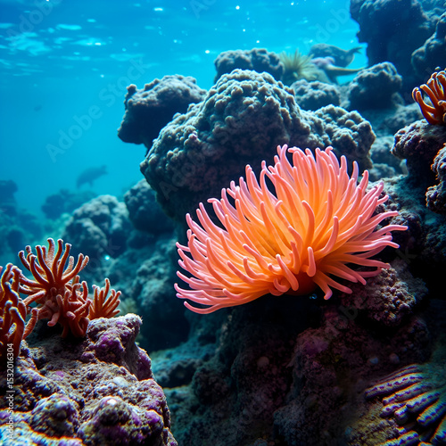 Captivating underwater world featuring a vibrant sea anemone in its habitat