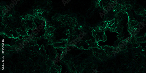 Abstract dark background composed of swirling, cloud-like textures in deep black and vibrant neon green. Electric plasma or smoke tendrils, forming glowing, intricate, organic shapes across the canvas