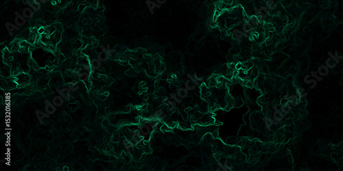 Abstract dark background composed of swirling, cloud-like textures in deep black and vibrant neon green. Electric plasma or smoke tendrils, forming glowing, intricate, organic shapes across the canvas