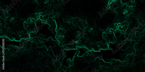 Abstract dark background composed of swirling, cloud-like textures in deep black and vibrant neon green. Electric plasma or smoke tendrils, forming glowing, intricate, organic shapes across the canvas