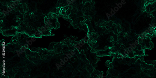 Abstract dark background composed of swirling, cloud-like textures in deep black and vibrant neon green. Electric plasma or smoke tendrils, forming glowing, intricate, organic shapes across the canvas