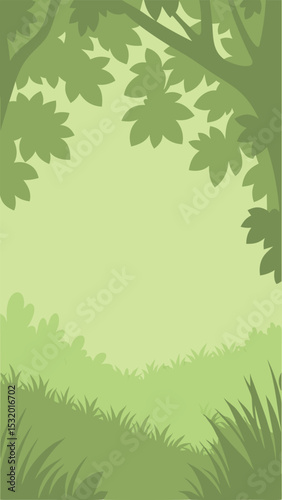 Serene forest scene with trees leaves and grass silhouette on a green background