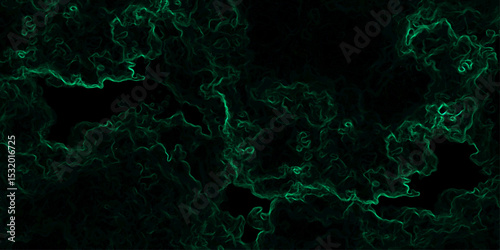 Abstract dark background composed of swirling, cloud-like textures in deep black and vibrant neon green. Electric plasma or smoke tendrils, forming glowing, intricate, organic shapes across the canvas