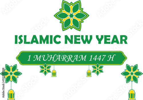 Islamic New Year greeting vector with floral Islamic ornaments, lanterns, and 1 Muharram 1447 H text. Perfect for banners, posters, and religious celebration designs.