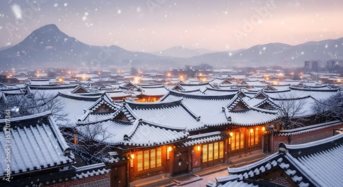 Serene Winter Evening in Traditional Hanok Village with Snow-Covered Rooftops and Majestic Mountains