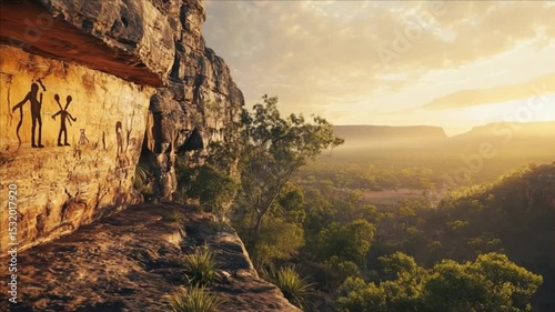 Ancient Aboriginal Rock Art Overlooking a Stunning Australian Outback Sunset Landscape