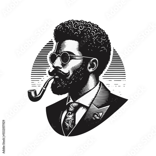 Afro man Gentlemen engrave vector illustration logo icon