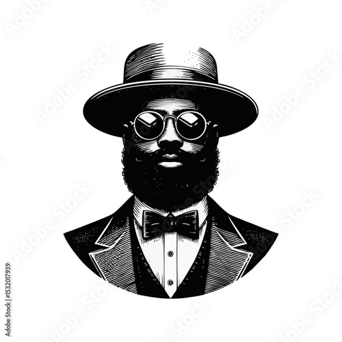 Afro man Gentlemen engrave vector illustration logo icon