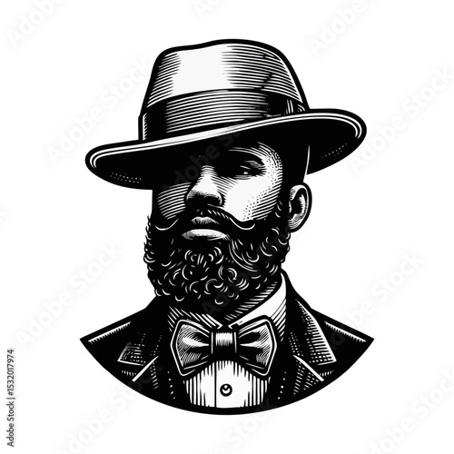Afro man Gentlemen engrave vector illustration logo icon