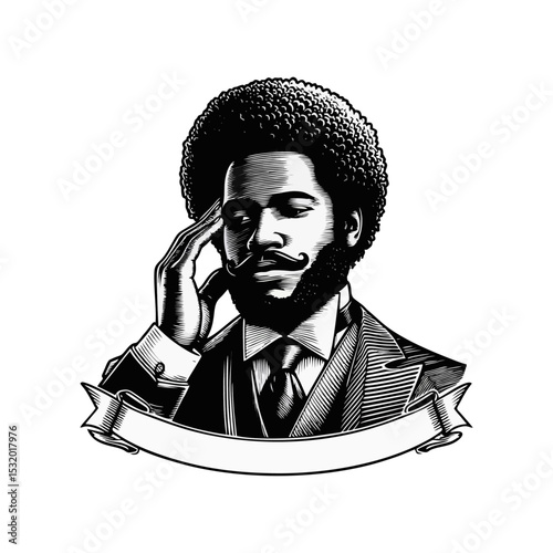Afro man Gentlemen engrave vector illustration logo icon
