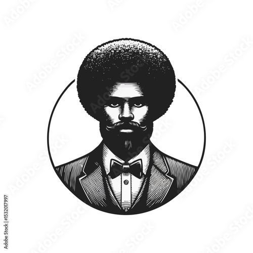 Afro man Gentlemen engrave vector illustration logo icon
