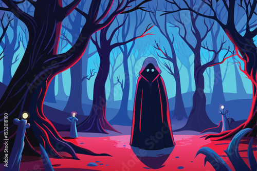 Moonlit fantasy night in the dark forest, a woman in a red hooded cloak approaches a fairy tale castle
