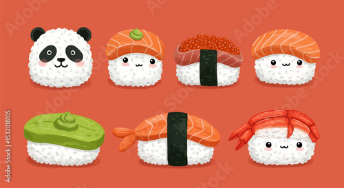 Kawaii Sushi set Salmon with Panda Vector.