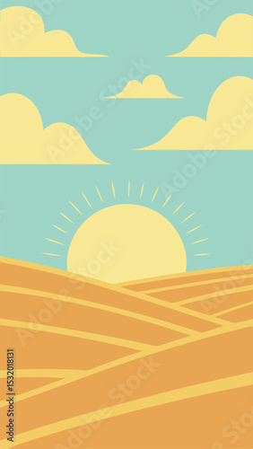 Simple illustrated landscape depicting sunrise over rolling hills with clouds and sky